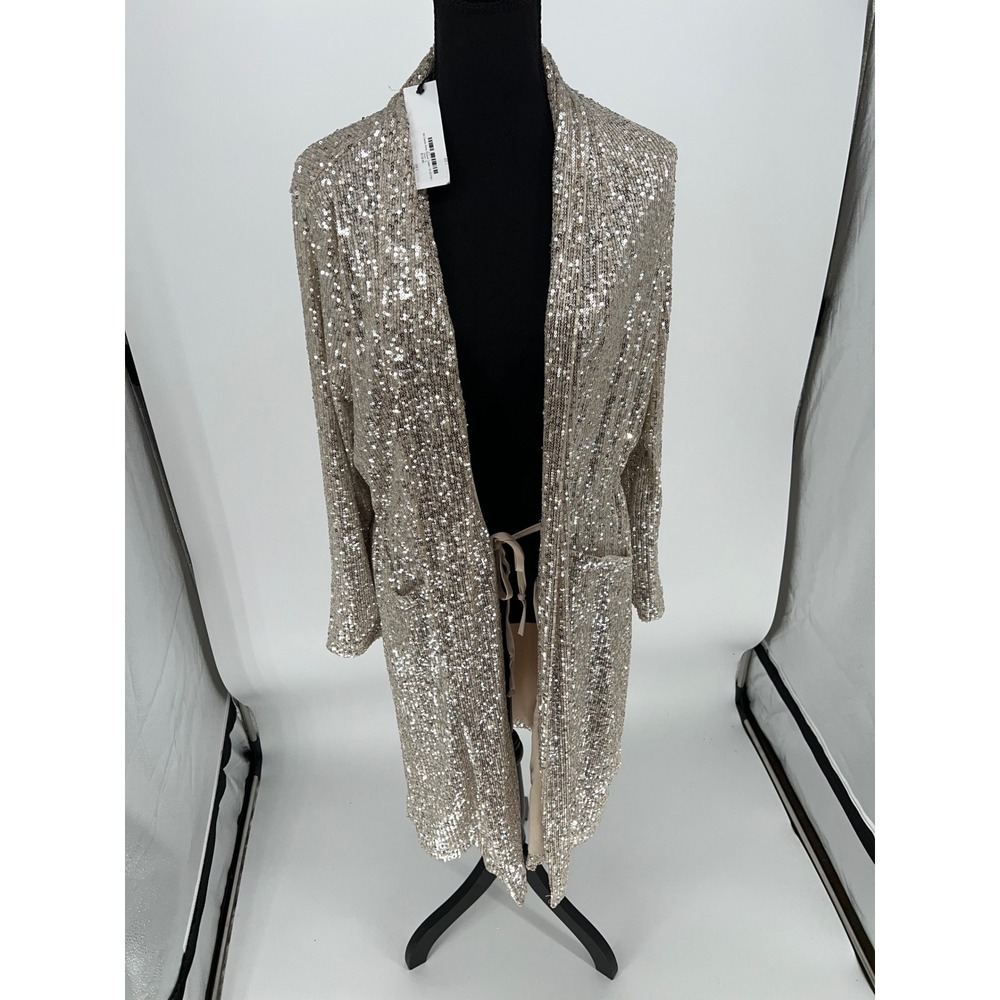 BB Dakota Show Stopper Duster Silver Sequin Long Cardigan BL402595 Womens Small